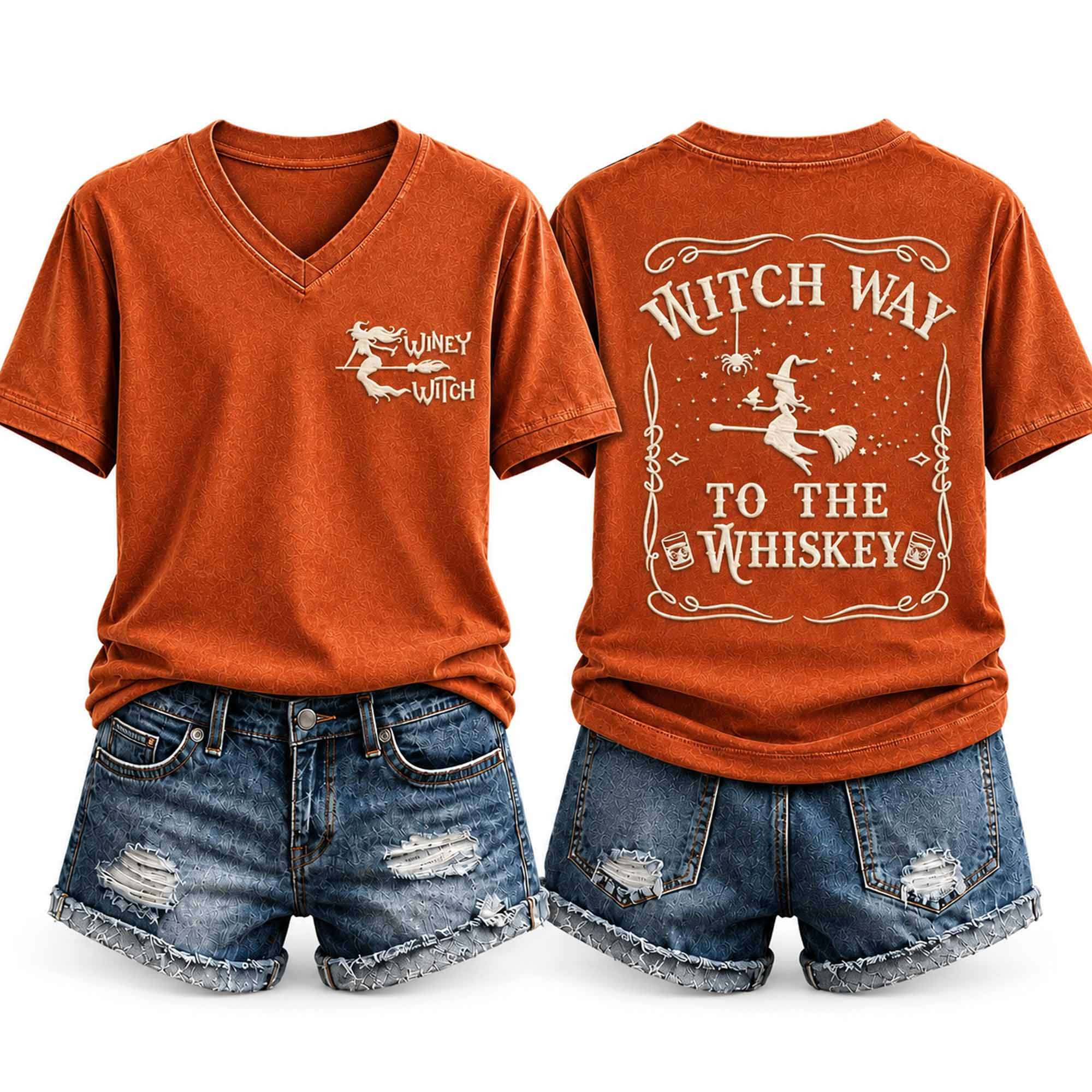 2026 Halloween Witch Way To The Whiskey V-Neck Shirt Winey Witch Outfits Halloween Gifts