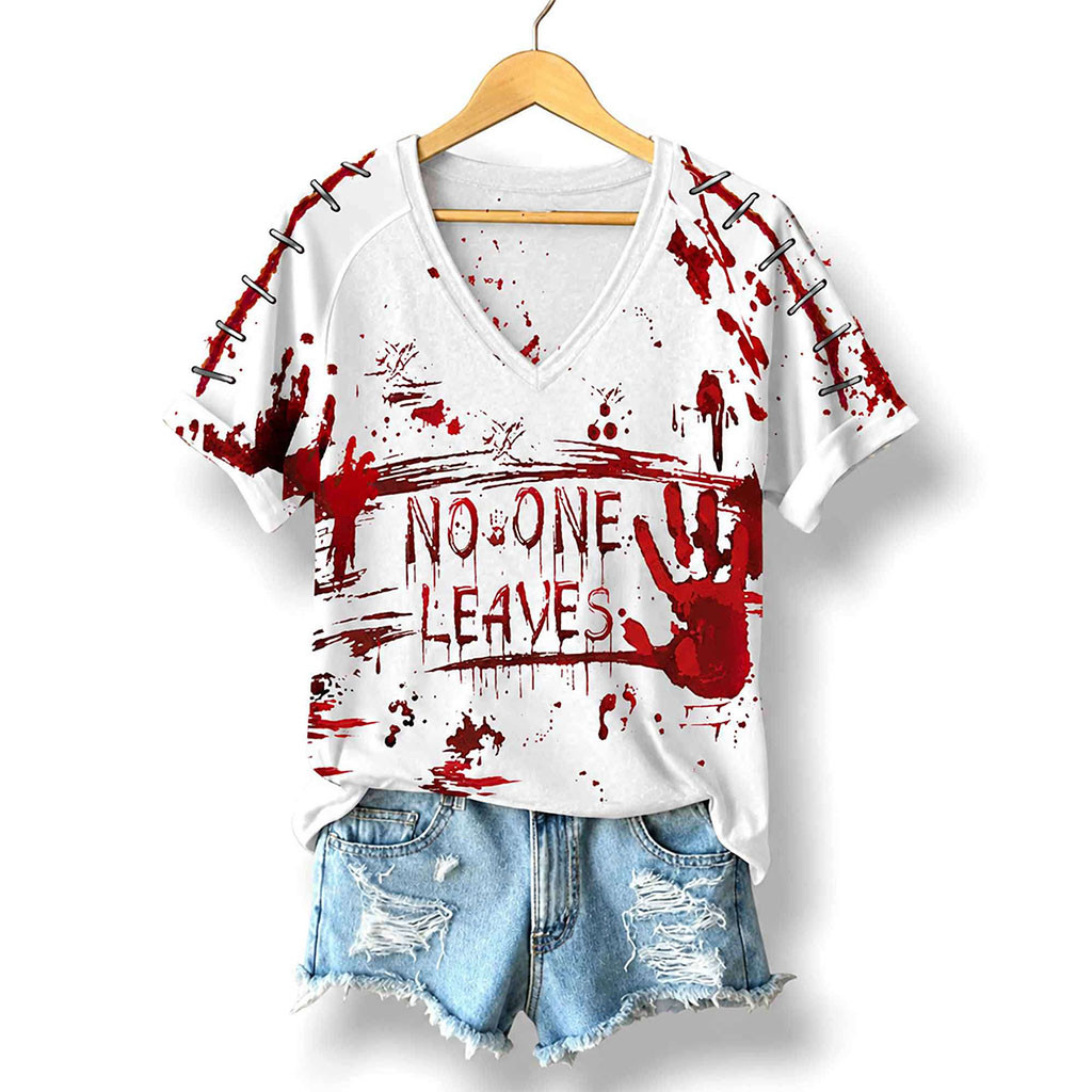 2026 No One Leaves Handprint Bloodstain Halloween V-Neck Shirt Spooky Gifts For Her 2026 No One Leaves Handprint Bloodstain Halloween V-Neck Shirt Spooky Gifts For Her