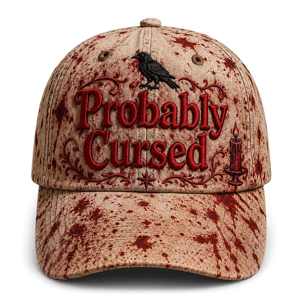 2026 Probably Cursed Bloody Raven Halloween Hat Spooky Season Cap Halloween Gifts Ideas