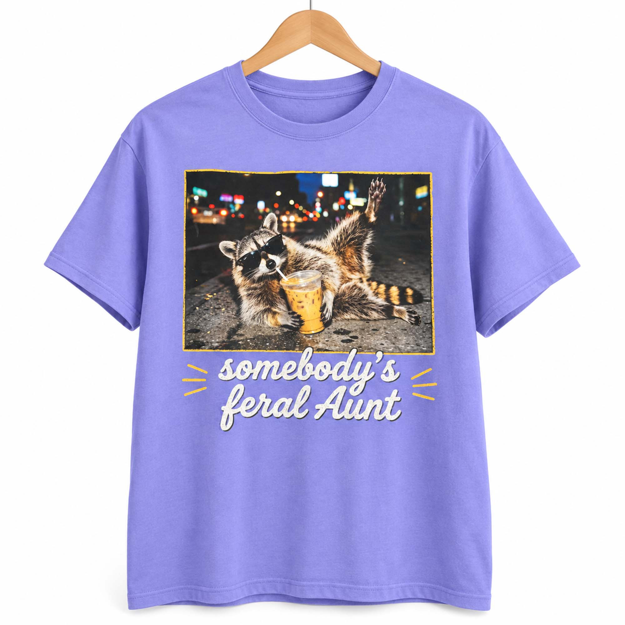 2026 Somebody's Feral Aunt Raccoon Iced Coffee T-Shirt Funny Animal Meme Shirt Aunt Gifts