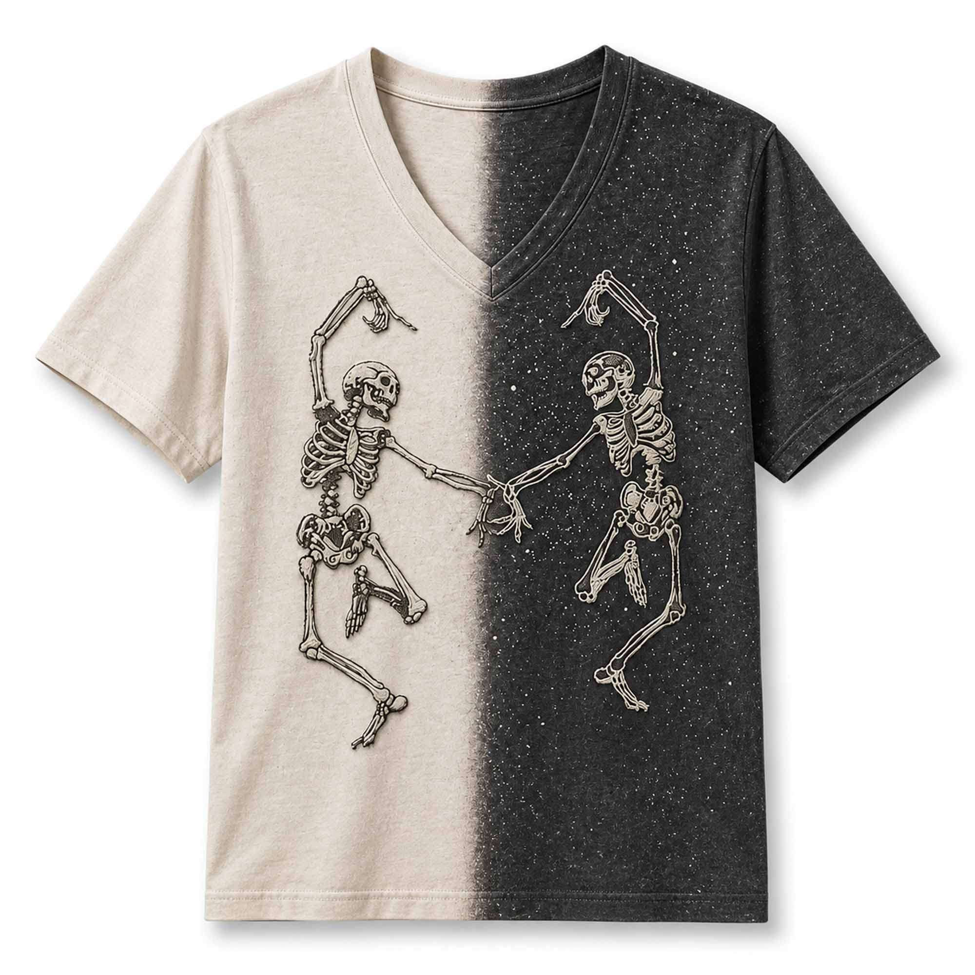 2026 Two Dancing Skeletons Black And White Halloween V-Neck Shirt 2026 Two Dancing Skeletons Black And White Halloween V-Neck Shirt