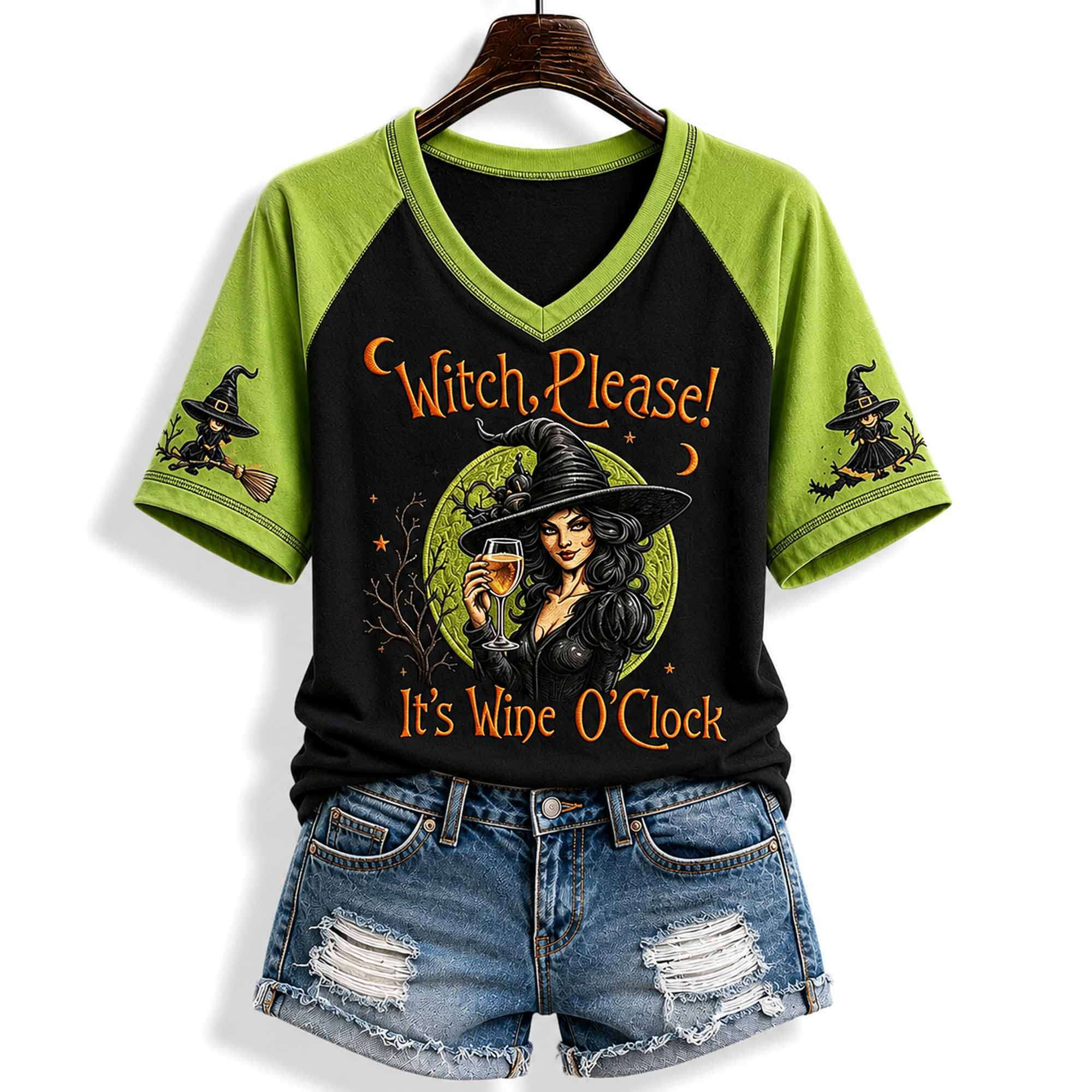 2026 Witch Please It's Wine O'Clock Halloween V-Neck Shirt Gift Ideas For Sisters 2026 Witch Please It's Wine O'Clock Halloween V-Neck Shirt Gift Ideas For Sisters