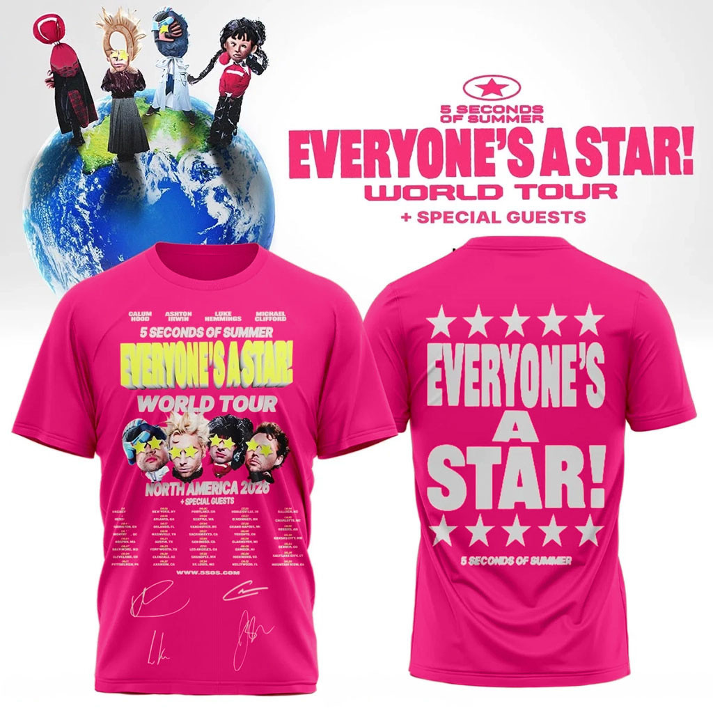 5SOS Merch 2026 5SOS Everyone's A Star World Tour Signature T-Shirt Gifts For Pop Band Lovers