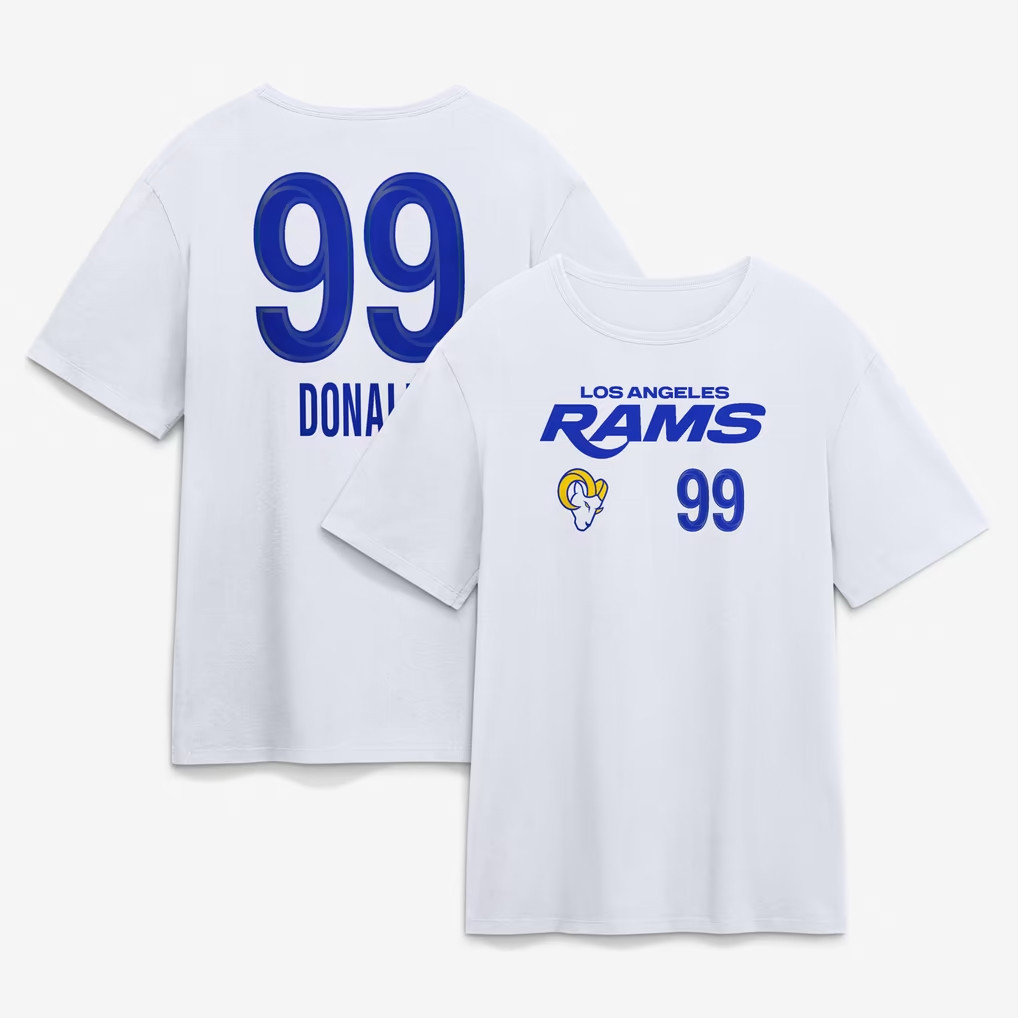 Aaron Donald T-Shirt 2026 Los Angeles Rams Merch #99 Rams Touchdown Name And Number Tee White