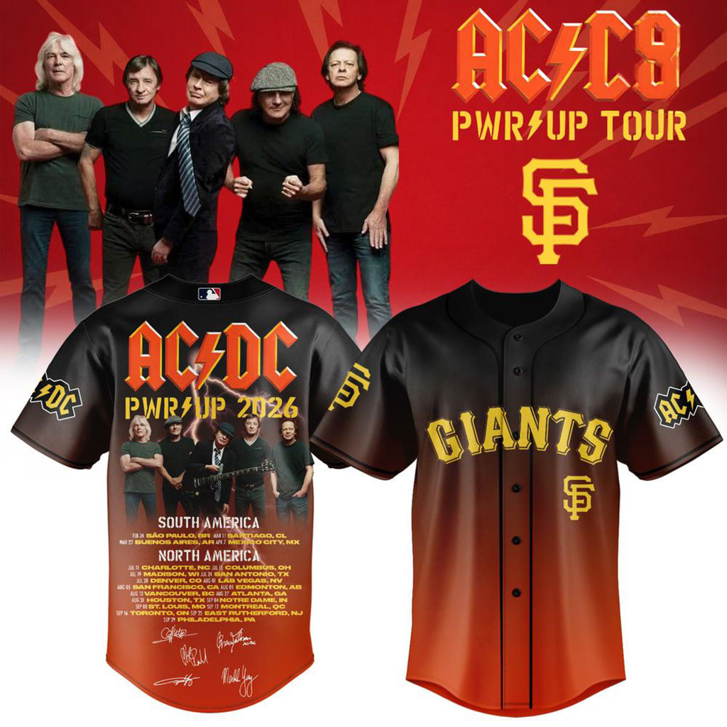 AC DC X San Francisco Giants Merch AC DC PWR Up Tour Baseball Jersey Gifts For Rock Band Fans