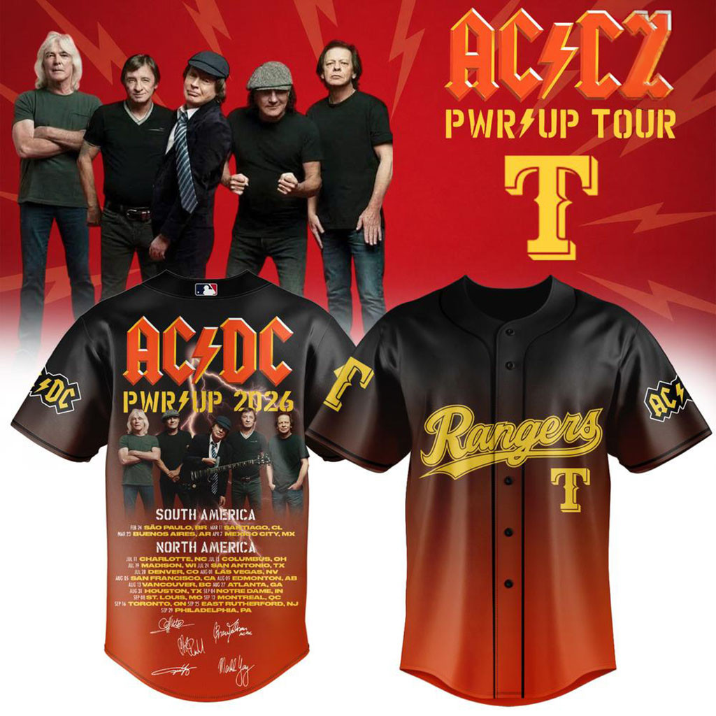 AC DC X Texas Rangers Merch AC DC PWR Up Tour Baseball Jersey Present For Rock Band Fans