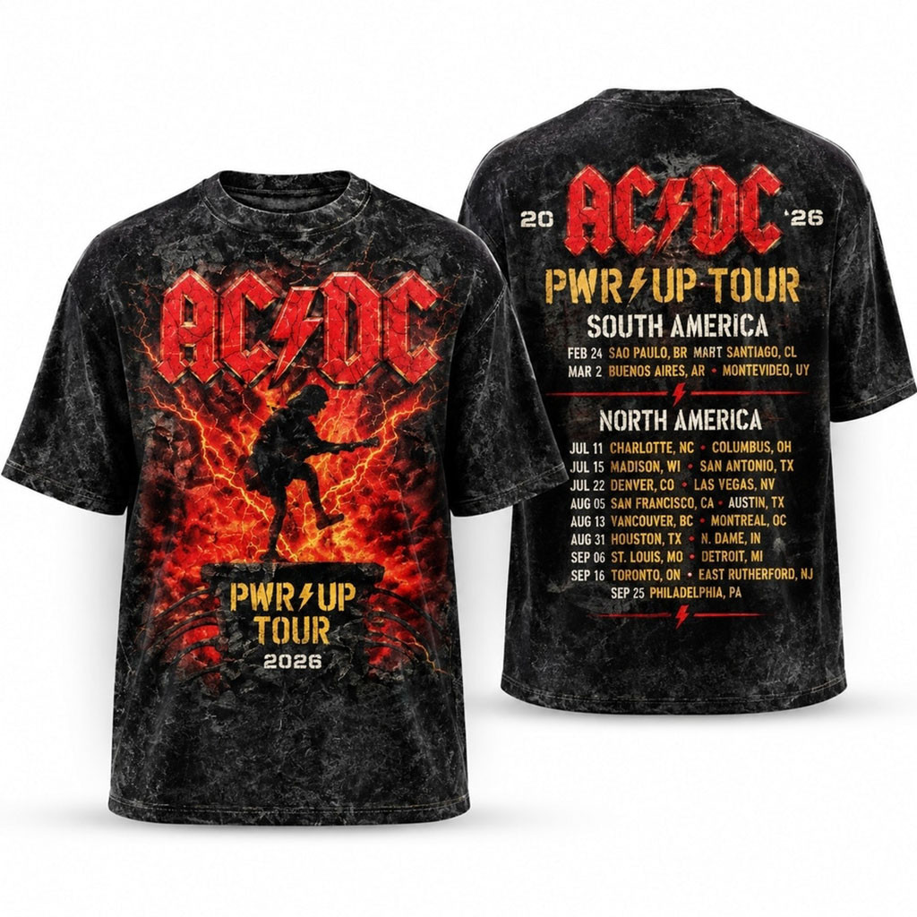 ACDC Fiery Stage Silhouette PWR UP Tour 2026 World Dates Vintage T-Shirt ACDC Merch Fan Gifts ACDC Fiery Stage Silhouette PWR UP Tour 2026 World Dates Vintage T-Shirt ACDC Merch Fan Gifts