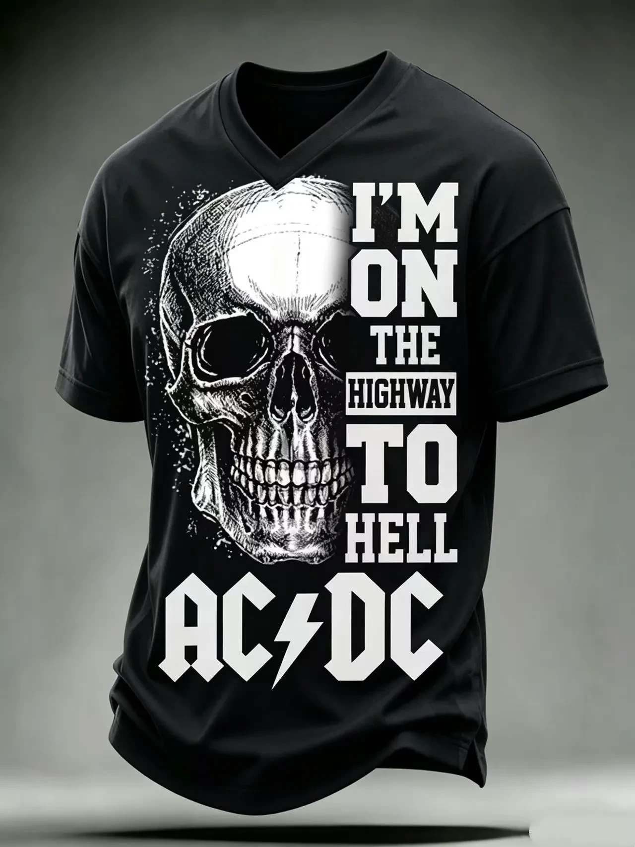 ACDC Merch Highway To Hell Skull V-Neck T-Shirt Rock Band Concert Shirt Gifts For ACDC Fans