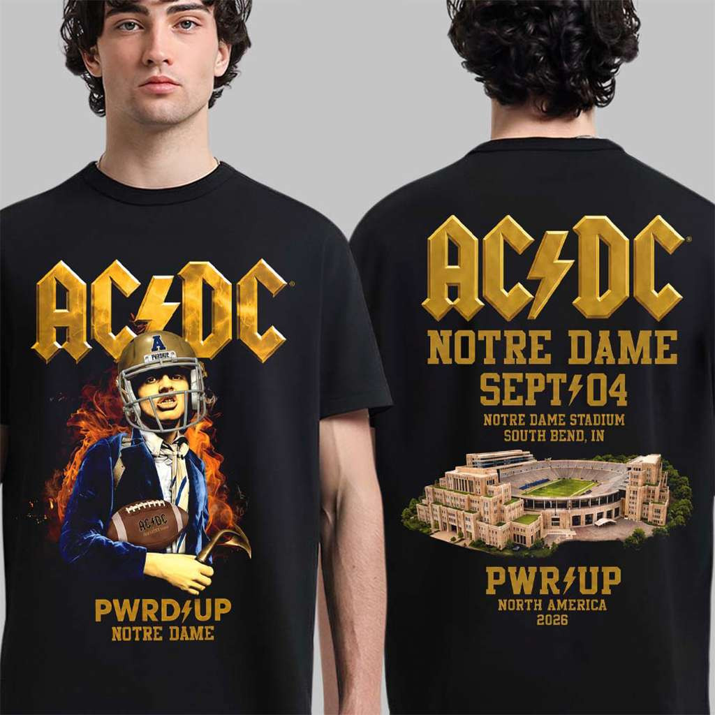 ACDC PWRD Up Notre Dame 2026 Event Shirt Notre Dame Fighting Irish x ACDC Merch Fans Gifts