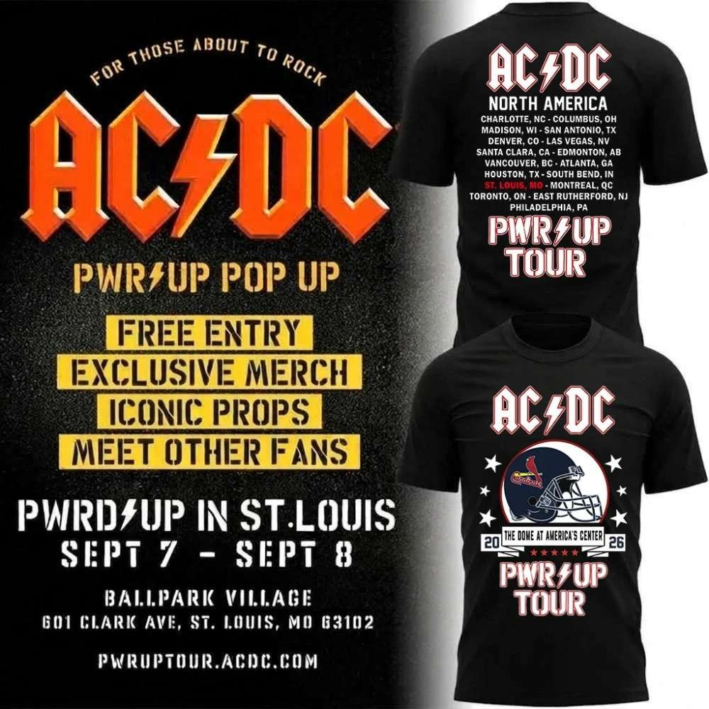 ACDC St Louis Cardinals PWR UP Tour 2026 Concert Shirt ACDC Merch Gifts For Music Fans