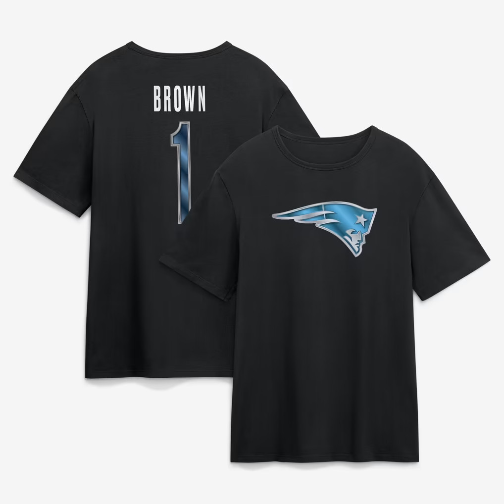 AJ Brown T-Shirt Black New England Patriots Merch #1 NE Patriots Metallic Mascot T-Shirt 2026