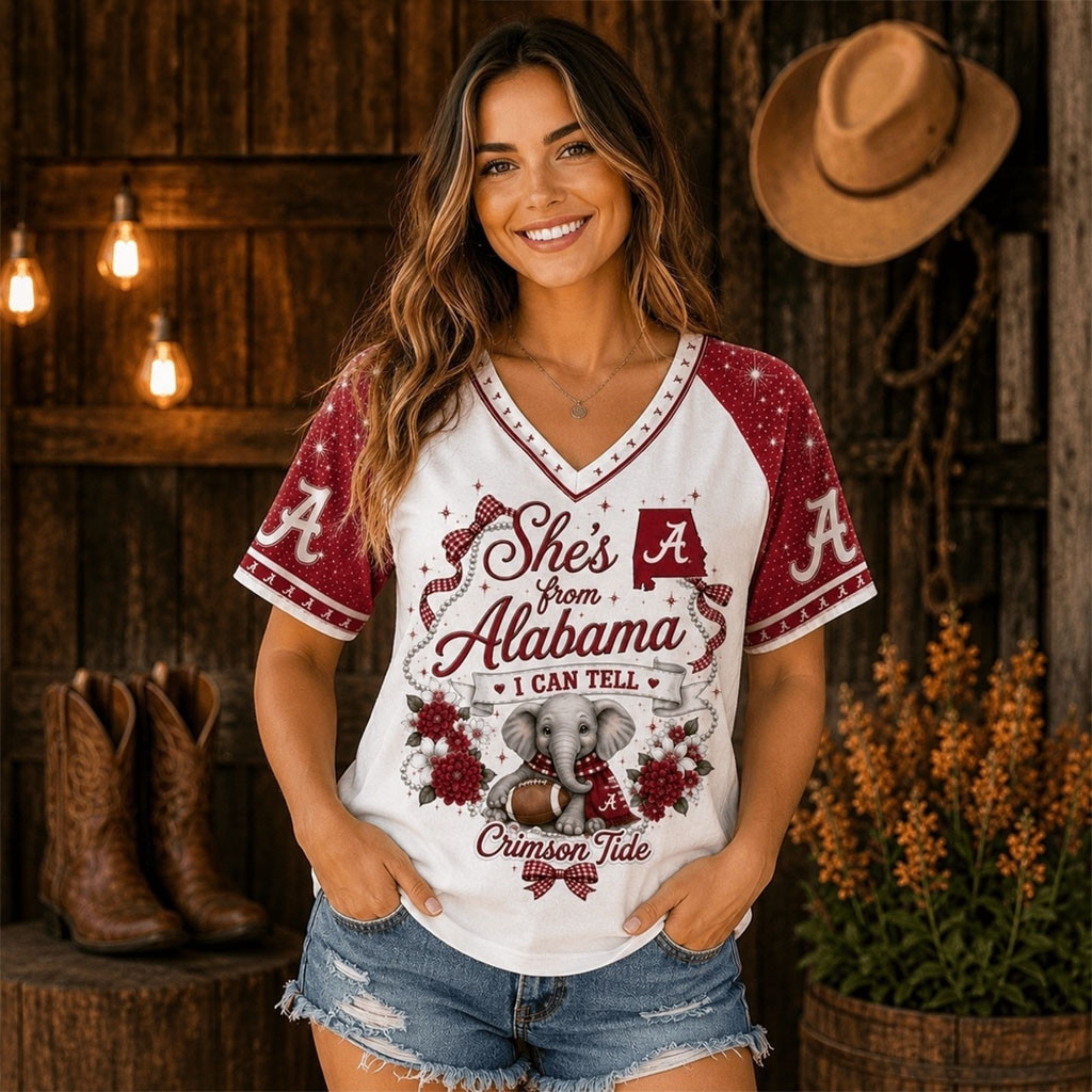 Alabama Crimson Tide Merch Bow And Floral Team Spirit V-Neck Shirt Football Present Ideas