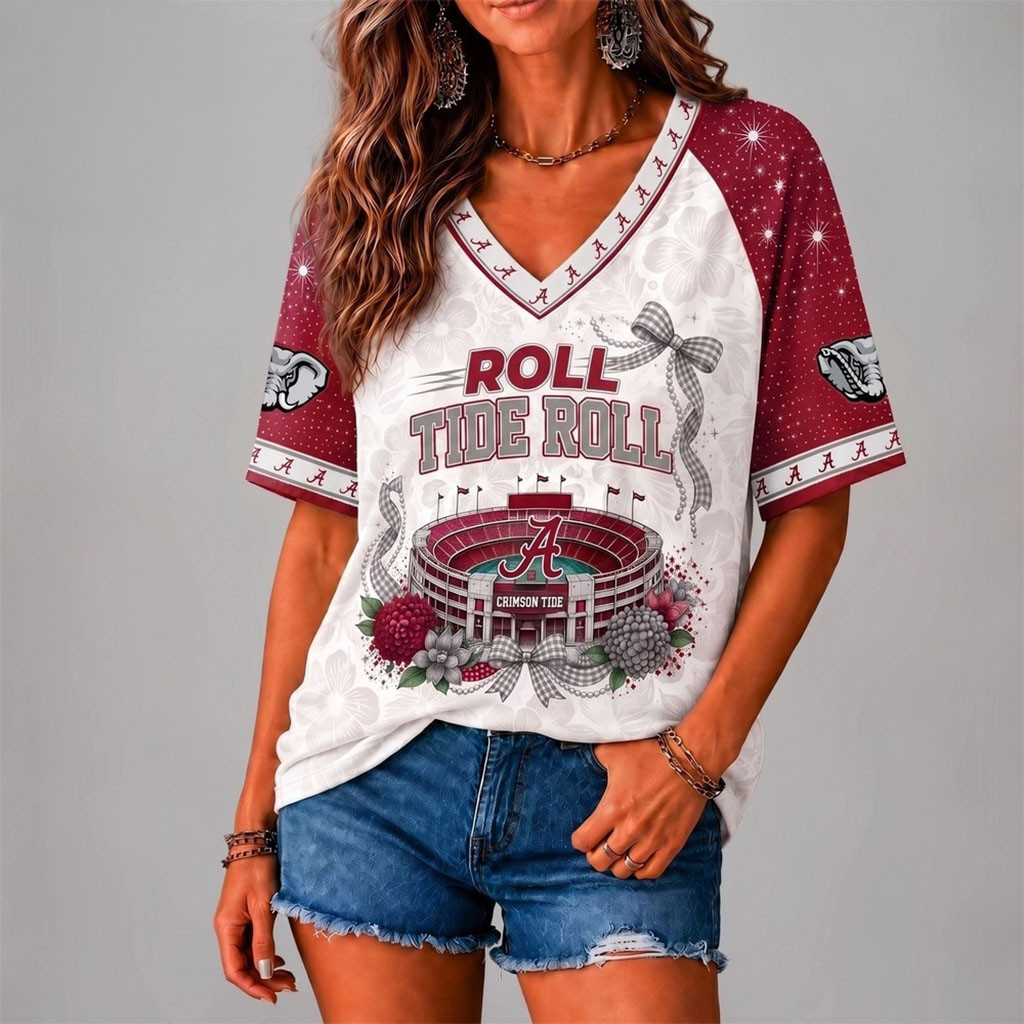 Alabama Crimson Tide Merch Floral Stadium Bow V-Neck Shirt Roll Tide Roll Tees Game Day Gifts Alabama Crimson Tide Merch Floral Stadium Bow V-Neck Shirt Roll Tide Roll Tees Game Day Gifts