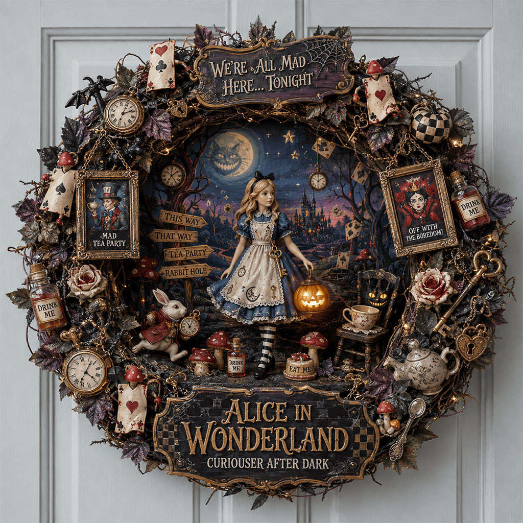 Alice In Wonderland Halloween Door Sign Curiouser After Dark Wreath Alice In Wonderland Merch