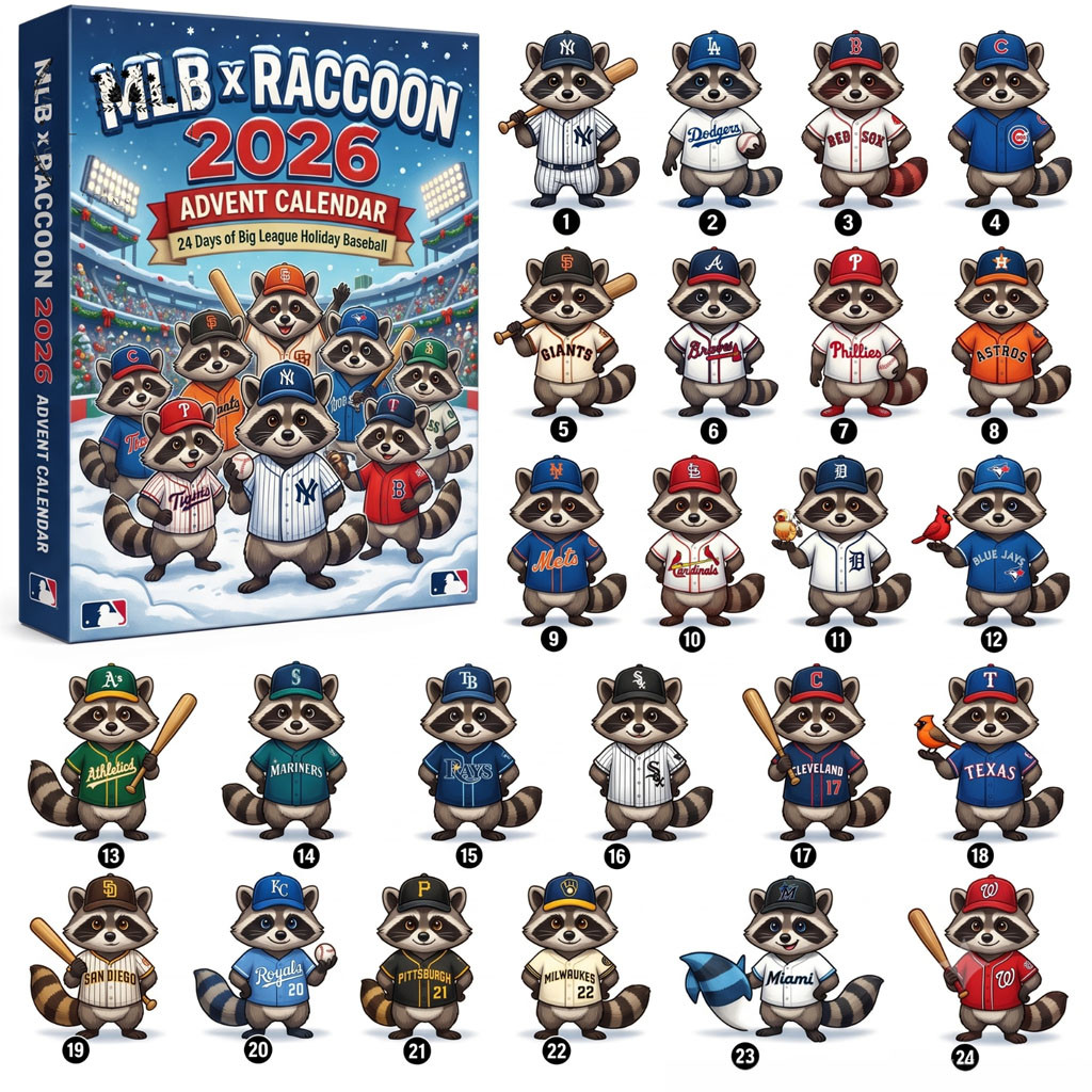All Baseball Team X Raccoon Advent Calendar 2026 Christmas Gift For Baseball Lovers