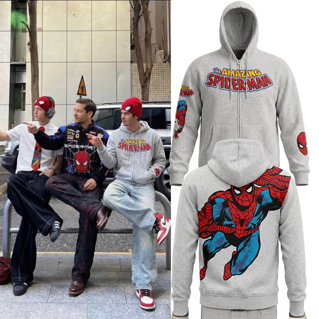 Andrew Garfield Marvel The Amazing Spider-Man Grey Zip Hoodie Superhero Merch Fan Gifts
