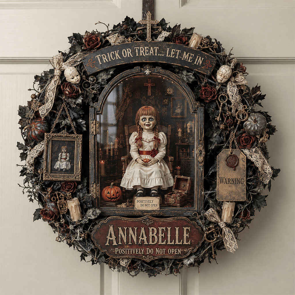 Annabelle Positively Do Not Open Door Sign Trick Or Treat Let Me In Wreath Halloween Decor