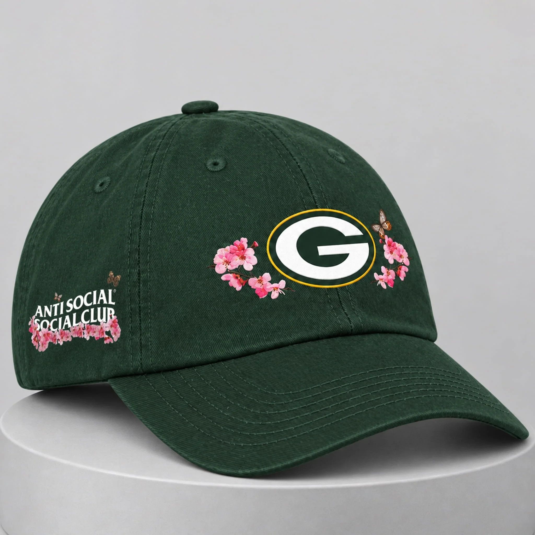 AntiSocialSocialClub X NFL Merch 2026 ASSC x Green Bay Packers Cherry Blossoms Hat Fan Gear