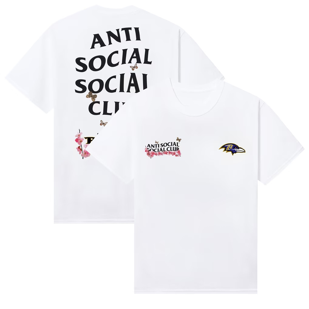 AntiSocialSocialClub x NFL Merch 2026 Baltimore Ravens AntiSocialSocialClub x NFL Blossom Shirt White
