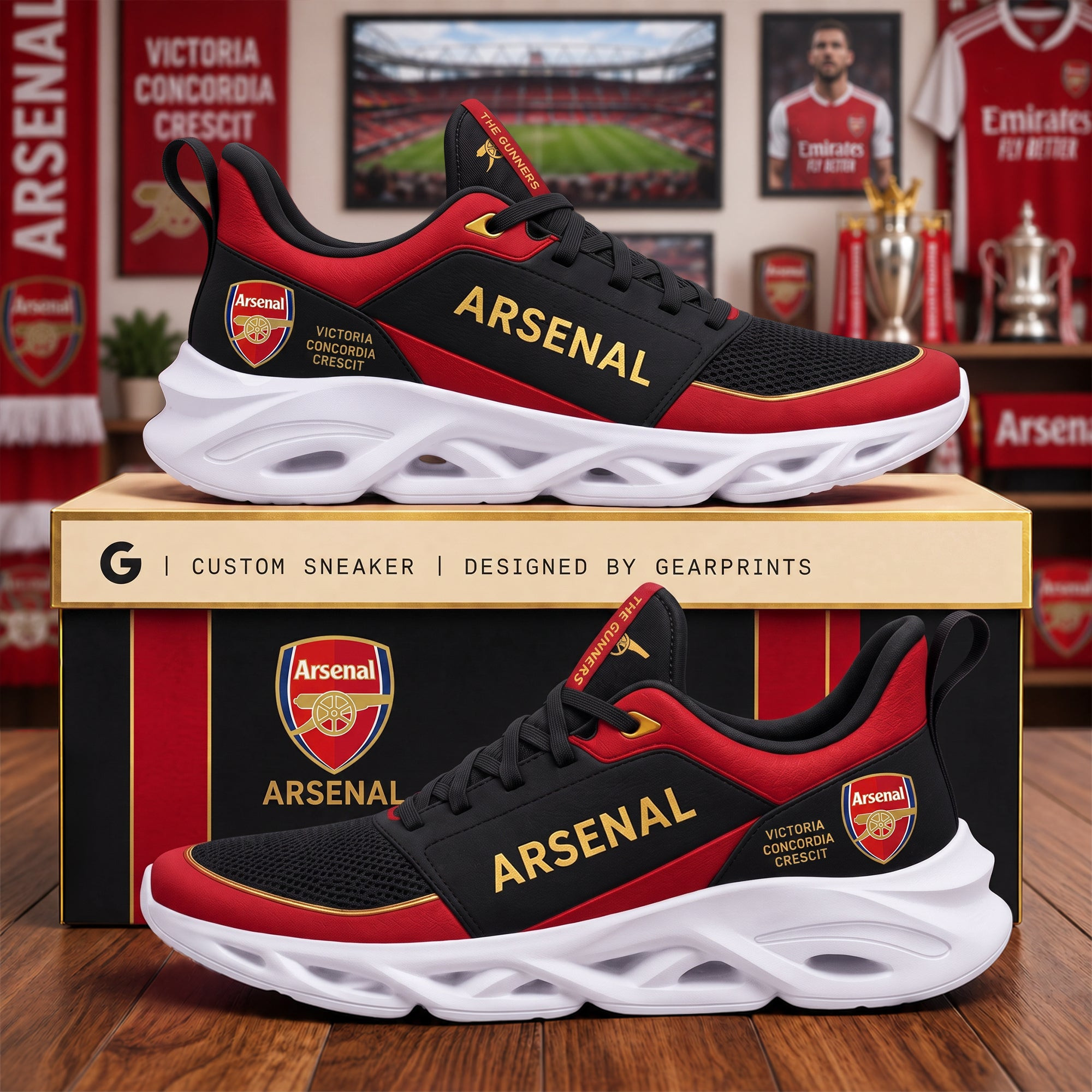 Arsenal FC 2026 Victoria Concordia Crescit Shoes Sneakers Arsenal FC Merch Football Fan Gifts Arsenal FC 2026 Victoria Concordia Crescit Shoes Sneakers Arsenal FC Merch Football Fan Gifts