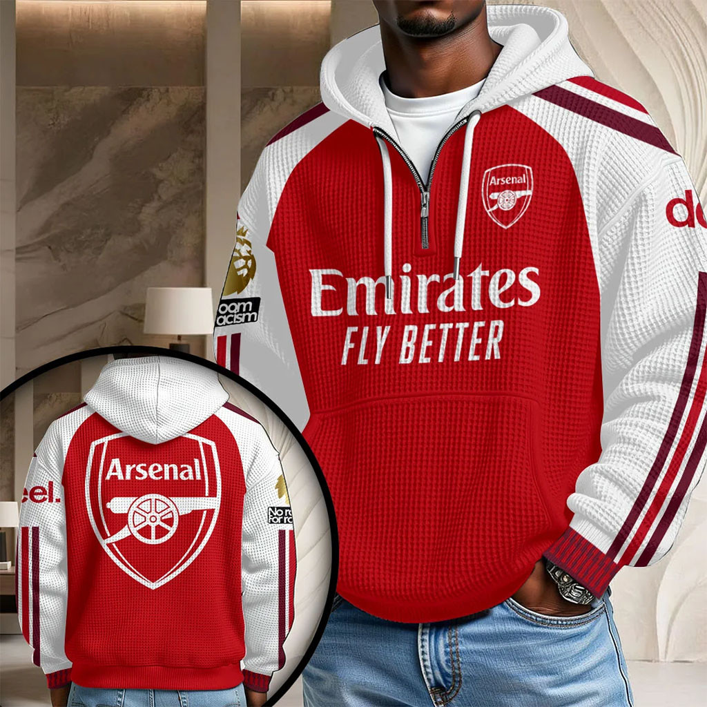 Arsenal FC Premier League 26 27 White And Red Half Zip Hoodie Arsenal FC Merch Gifts For Fan