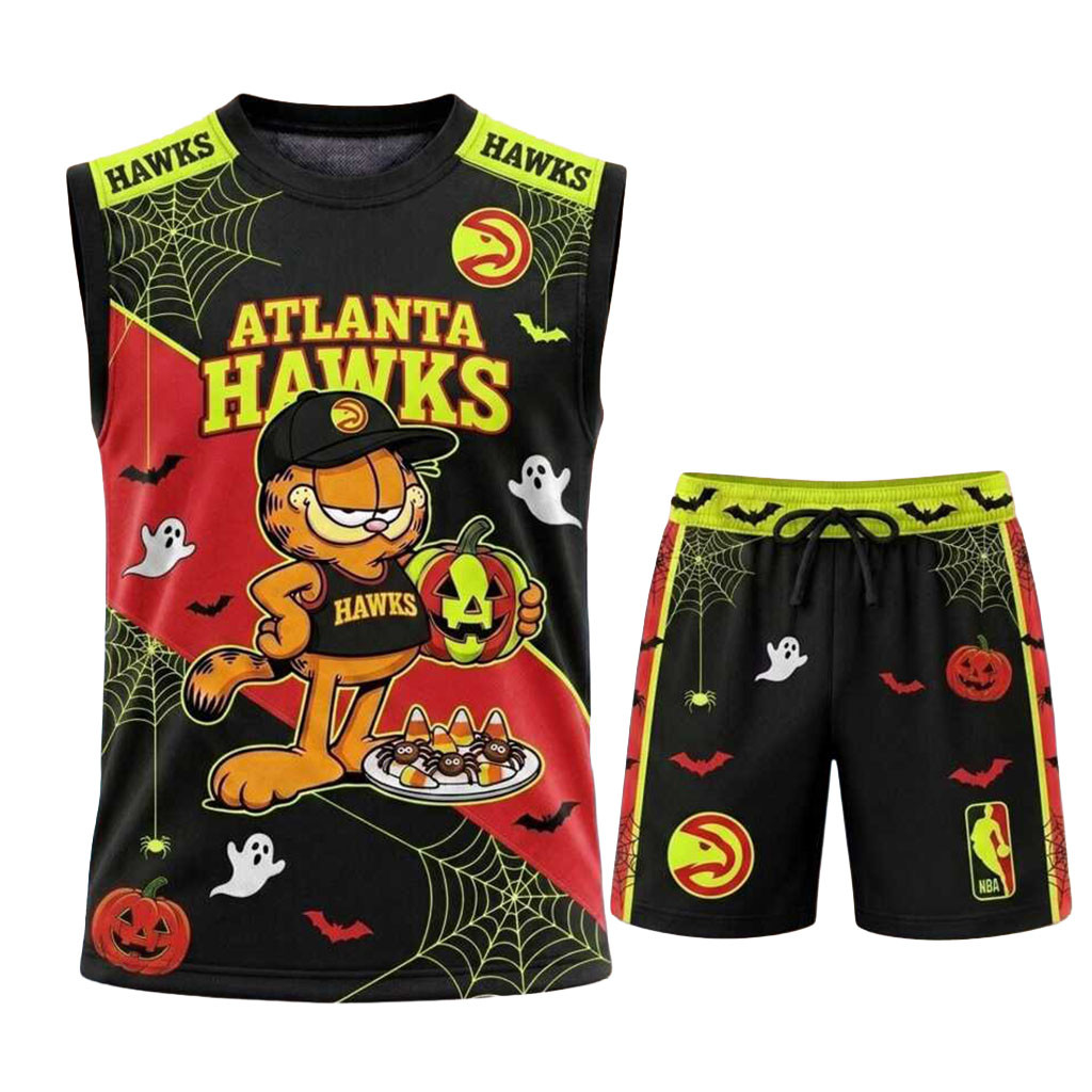 Atlanta Hawks Garfield Halloween Muscle Tank And Shorts Hawks Merch Gifts For Basketball Fan