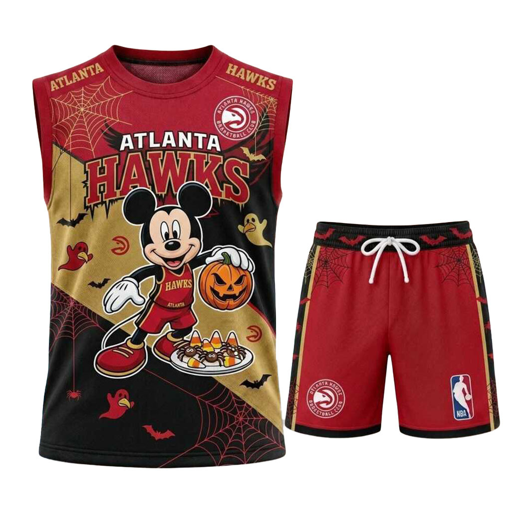 Atlanta Hawks Mickey Mouse Halloween Pumpkin Muscle Tank And Shorts Hawks Merch Gifts For Fans