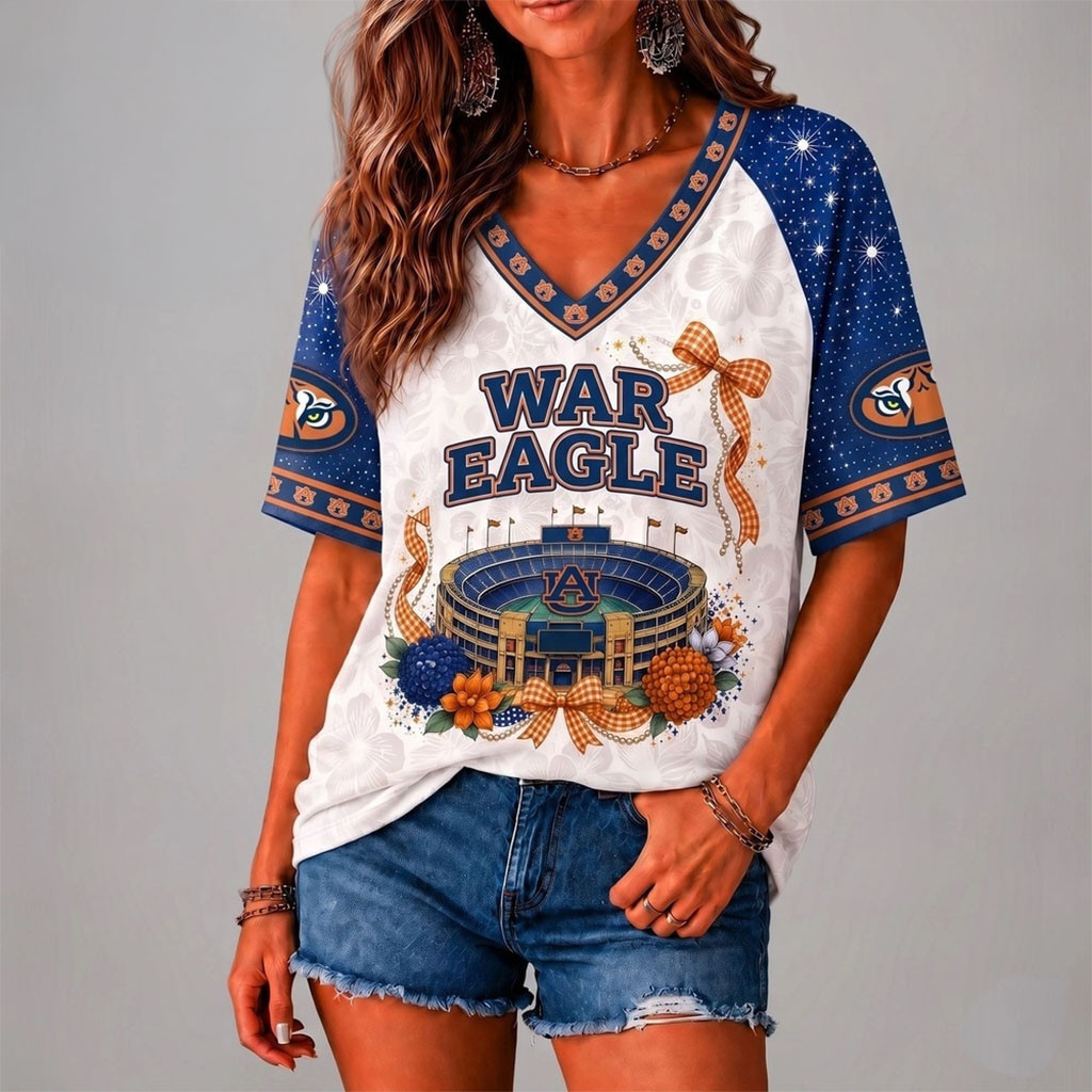 Auburn Tigers Floral Stadium Bow V-Neck Shirt War Eagle Shirt Auburn Tigers Merch Gift For Fans Auburn Tigers Floral Stadium Bow V-Neck Shirt War Eagle Shirt Auburn Tigers Merch Gift For Fans