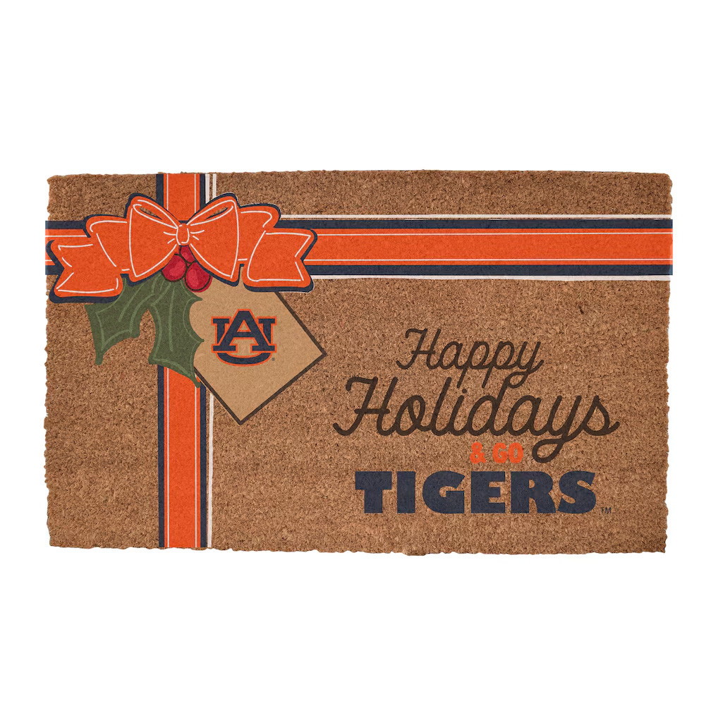 Auburn Tigers Merch 2026 Holiday Gift Wrap Door Mat Happy Holidays And Go Tigers Welcome Mat