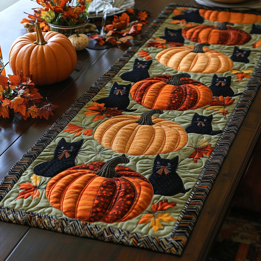 Autumn Black Cat Quilted Table Runner Spooky Table Runner Gifts For Black Cat Lovers