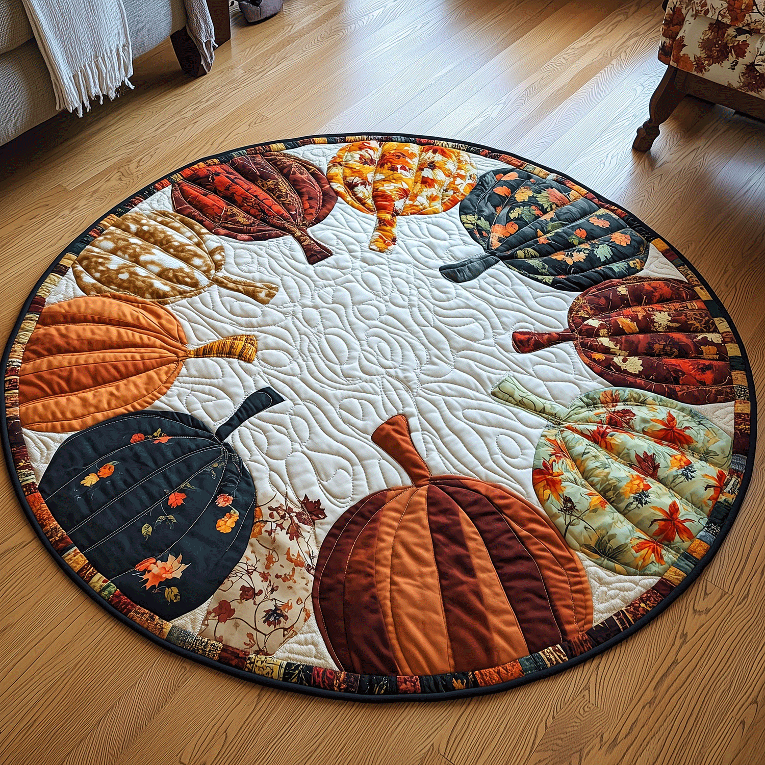 Autumn Pumpkins Quilted Round Mat Large Round Rugs For Living Room Family Halloween Gifts
