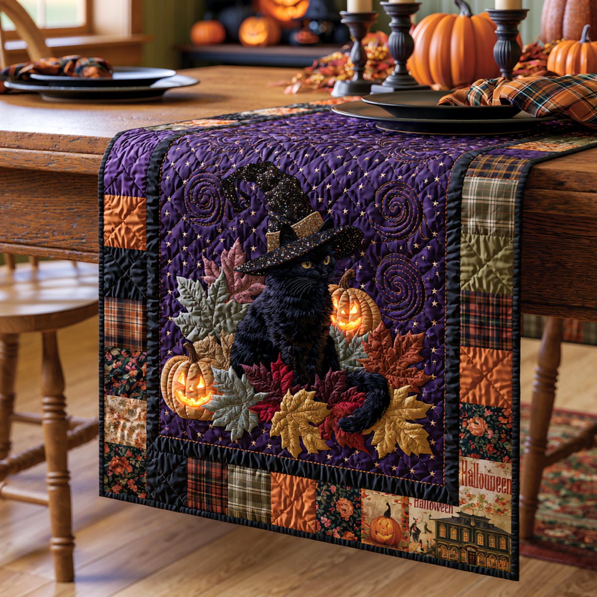 Autumn Spell Familiar Quilted Table Runner Scary Halloween Table Centerpieces Black Cat Presents Autumn Spell Familiar Quilted Table Runner Scary Halloween Table Centerpieces Black Cat Presents