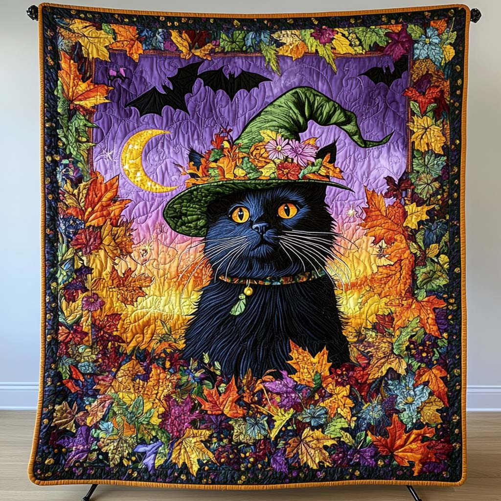 Autumn Witch Cat Quilted Blanket Cozy Couch Blanket Luxury Halloween Gifts