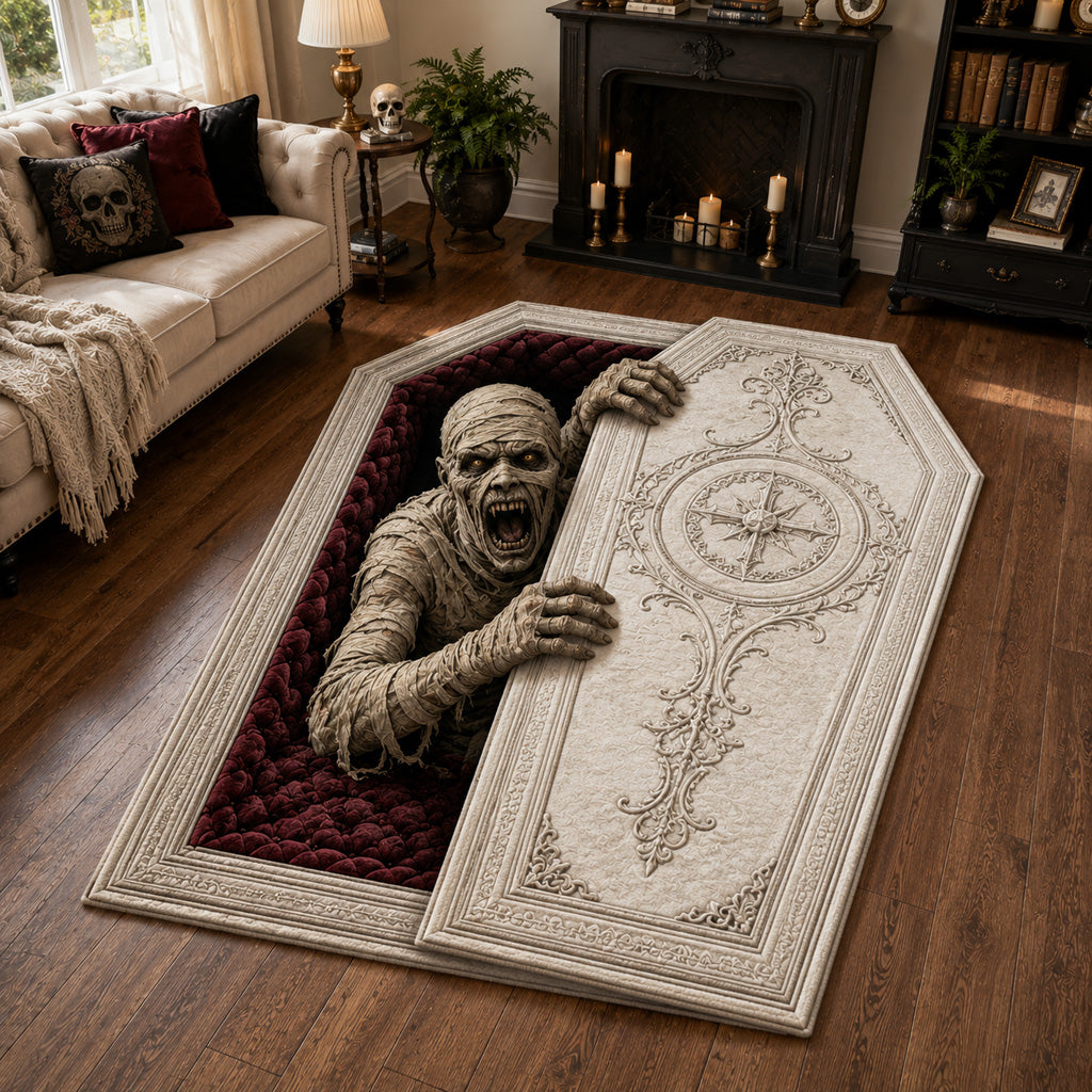 Awakened Mummy Coffin Custom Shape Area Rug Gothic Living Room Decor Cute Halloween Gifts