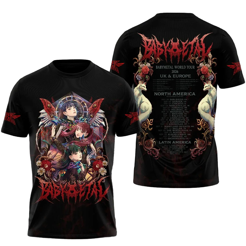 Babymetal World Tour 2026 Illustrated Black T-Shirt Tour Dates Shirt Babymetal Merch Fan Gifts