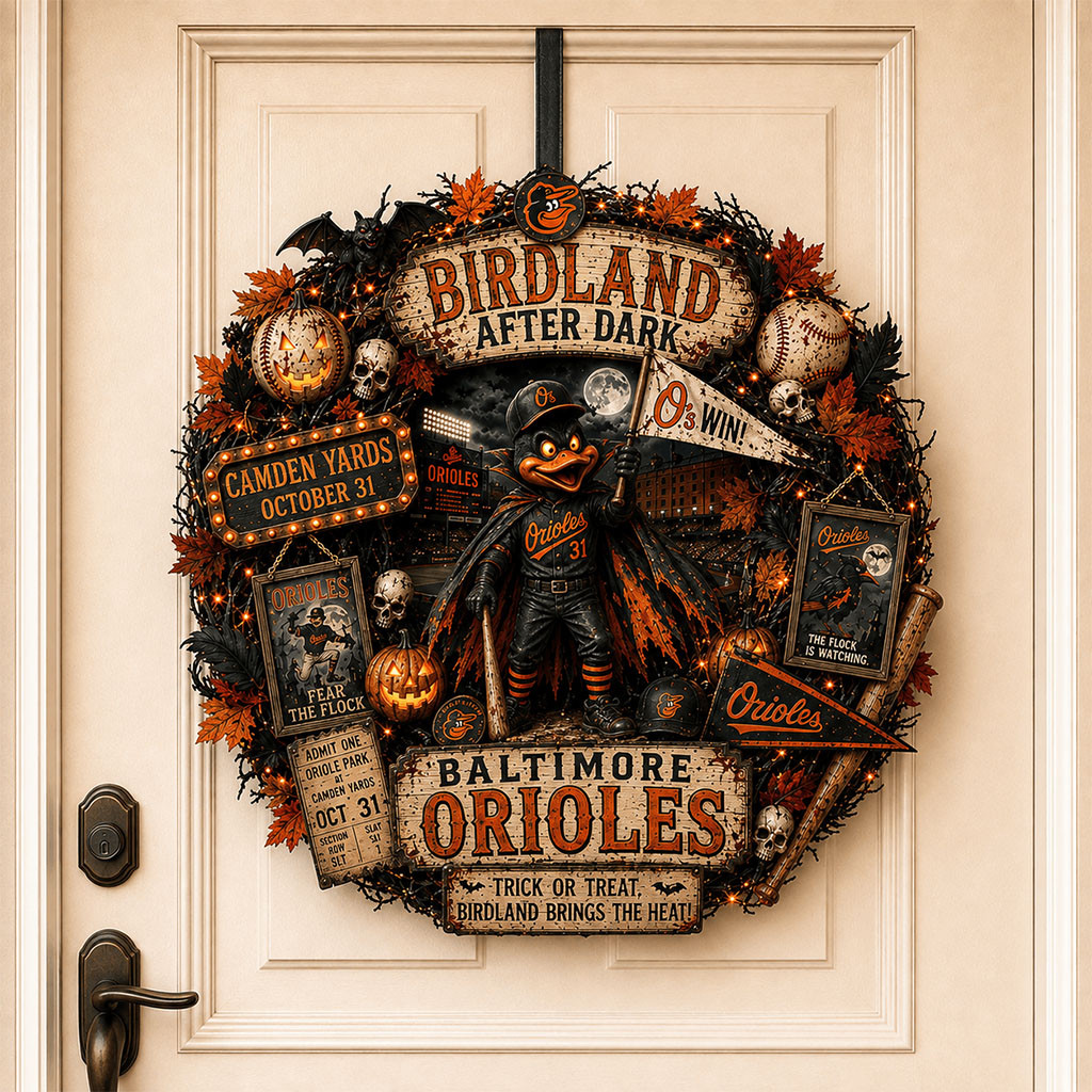 Baltimore Orioles Halloween Door Sign Birdland After Dark Wreath Baltimore Orioles Merch Gifts