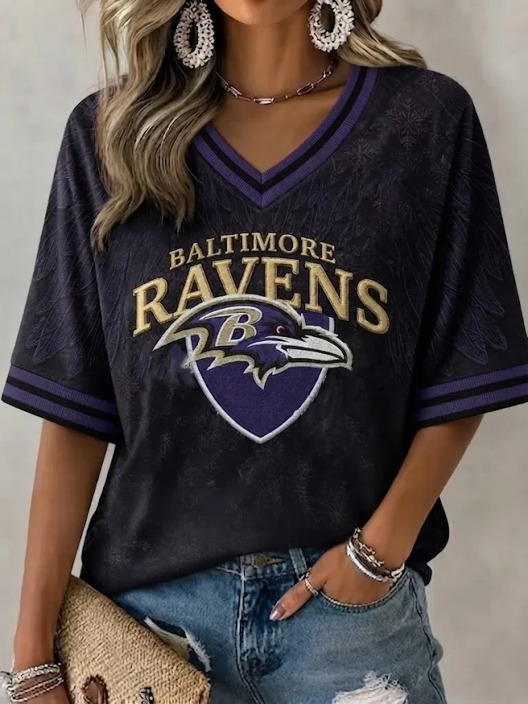 Baltimore Ravens Crop Sleeve V-Neck Shirt Game Day Outfits Baltimore Ravens Merch Gift For Fans