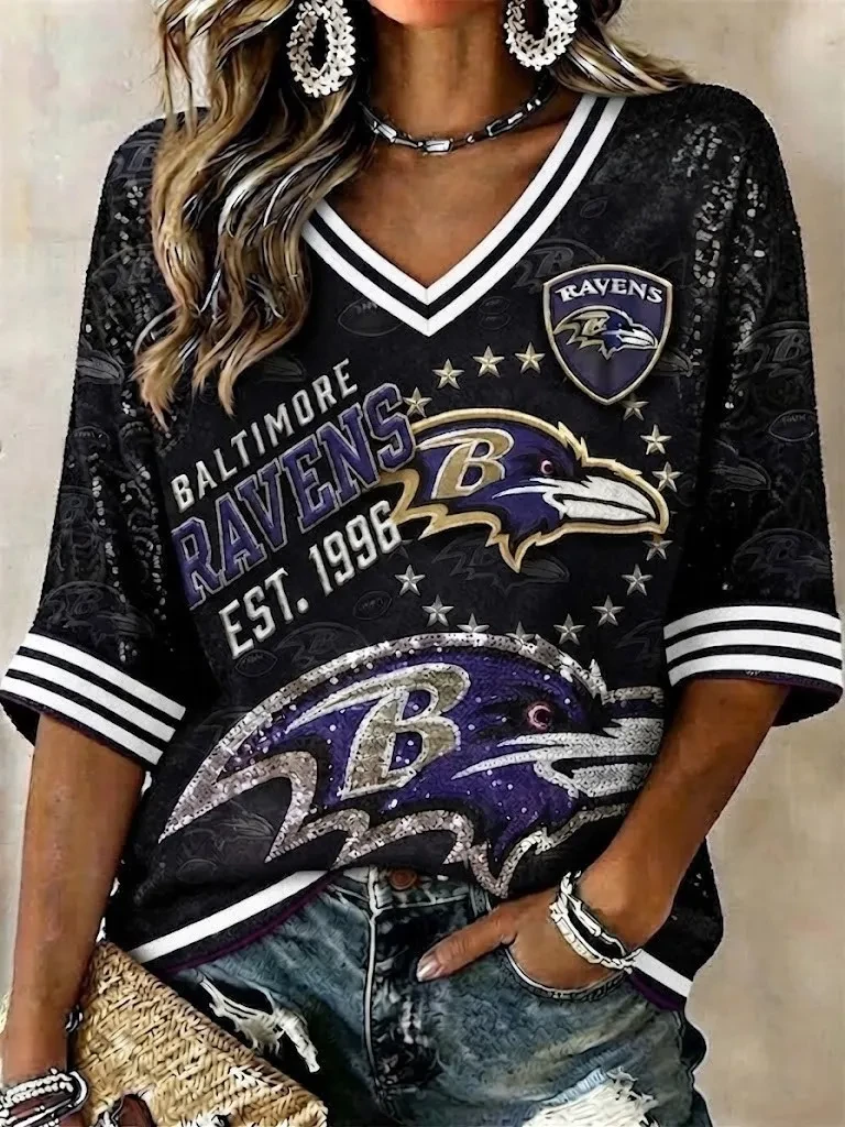 Baltimore Ravens Est 1996 Crop Sleeve V-Neck Shirt Game Day Outfits Baltimore Ravens Merch Gift