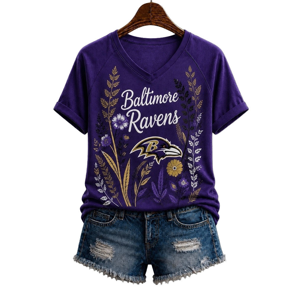 Baltimore Ravens Floral Garden V-Neck T-Shirt Ravens Merch Gifts For Football Fan Baltimore Ravens Floral Garden V-Neck T-Shirt Ravens Merch Gifts For Football Fan