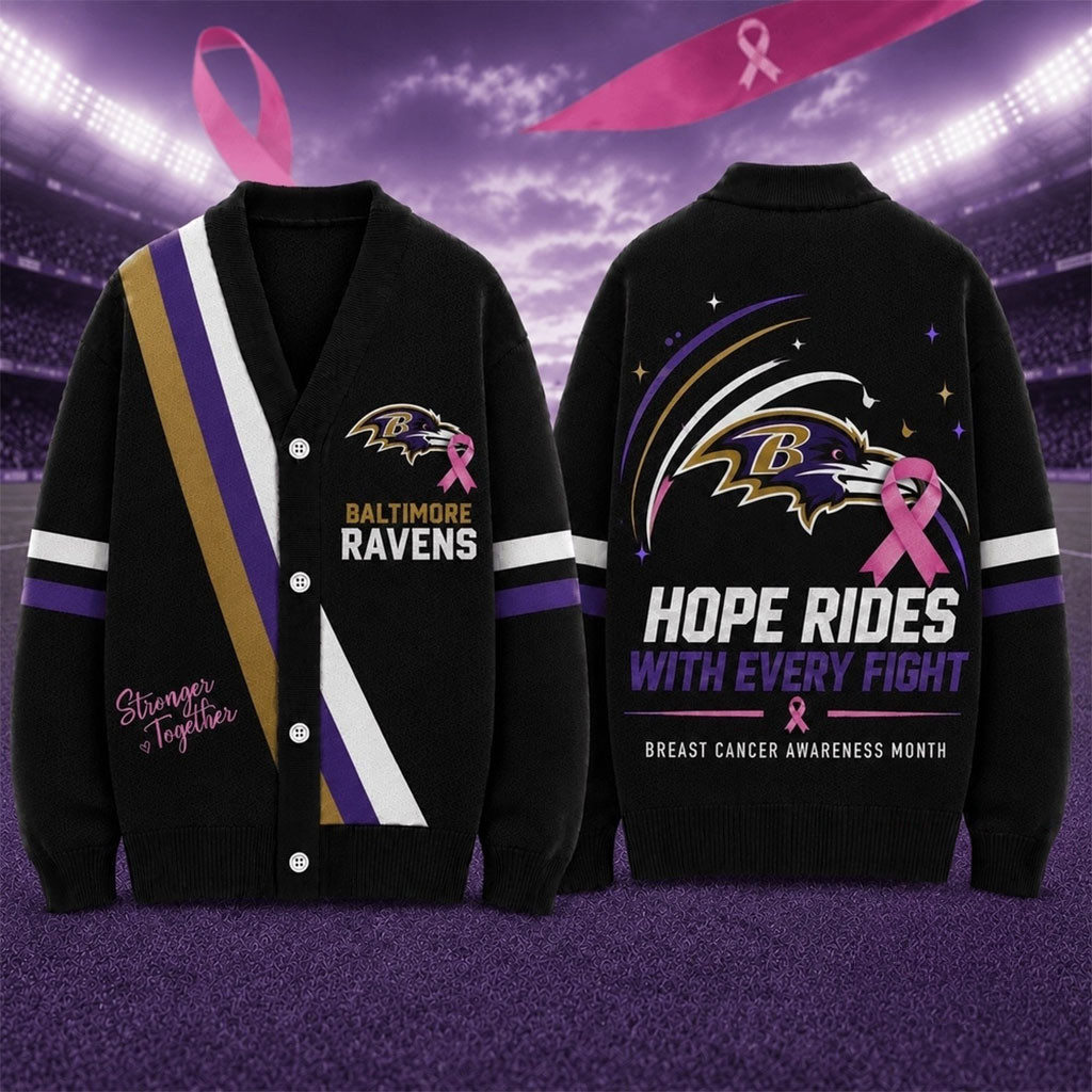Baltimore Ravens Merch Breast Cancer Hope Rides With Every Fight Cardigan Survivor Gift For Her