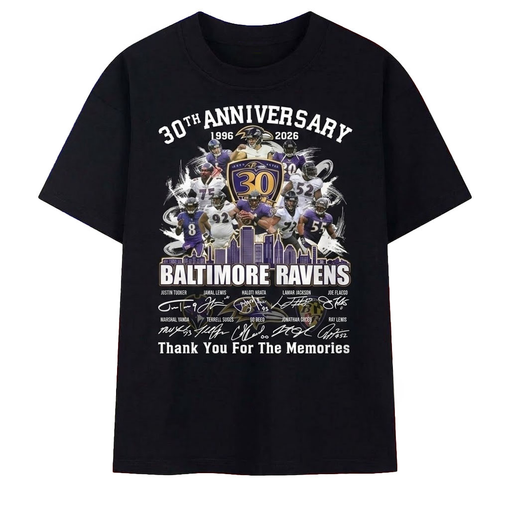 Baltimore Ravens Merch Football 30th Anniversary Signatures Thank You For The Memories T-Shirt Baltimore Ravens Merch Football 30th Anniversary Signatures Thank You For The Memories T-Shirt