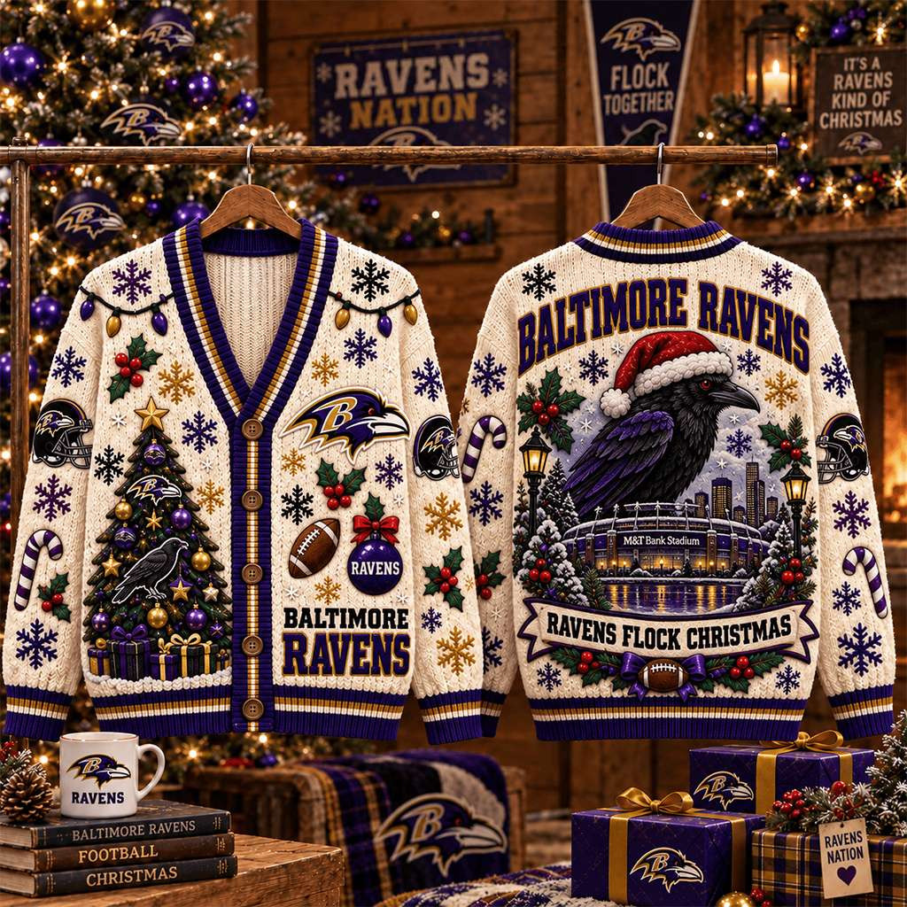 Baltimore Ravens Merch Ravens Flock Christmas Cardigan Game Day Gift For Football Fans