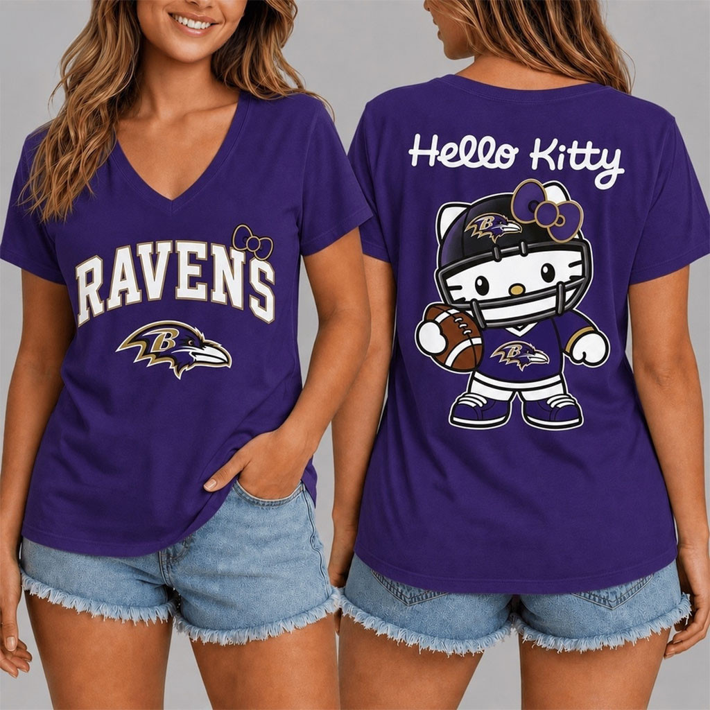 Baltimore Ravens X Hello Kitty V-Neck Shirt Football Game Day Apparel Baltimore Ravens Merch Baltimore Ravens X Hello Kitty V-Neck Shirt Football Game Day Apparel Baltimore Ravens Merch