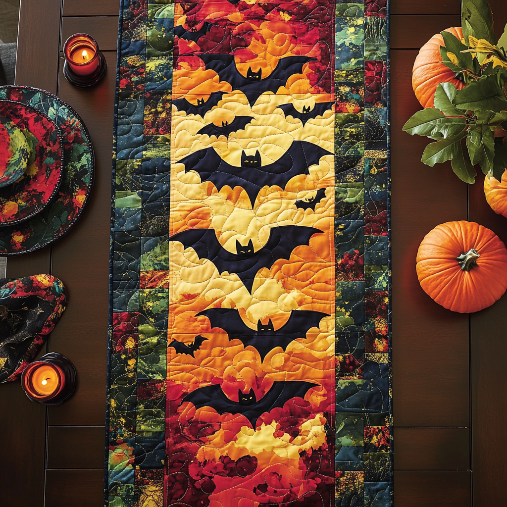 Bat Magic Quilted Table Runner Dining Room Runner Spooky Gifts