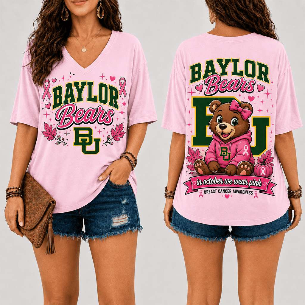 Baylor Bears Breast Cancer Awareness V-Neck Shirt Baylor Bears Merch Gift For Cancer Warriors