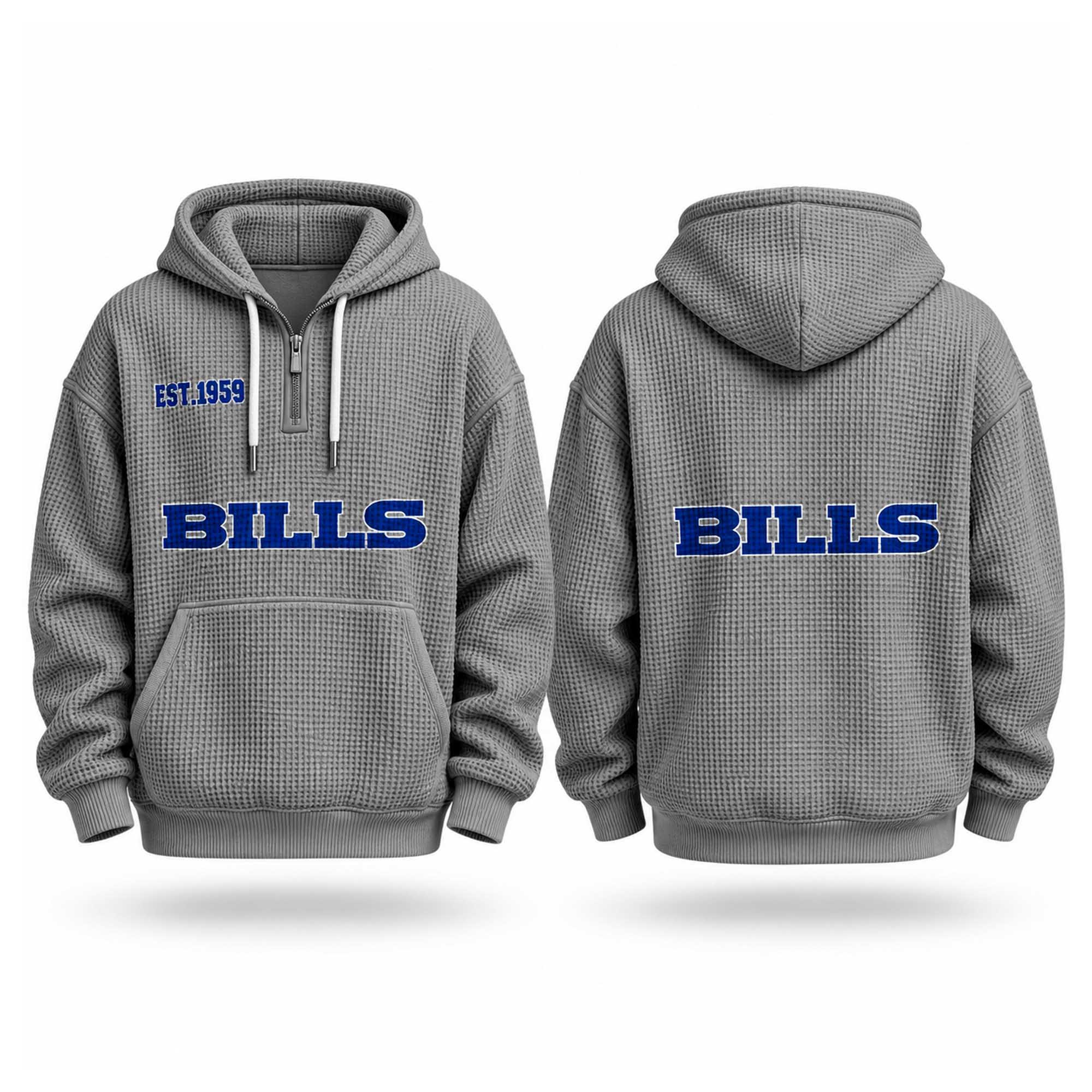 Bills EST 1959 Printed Quarter Zip Waffle Hoodie Buffalo Bills Merch Gifts For Football Fan