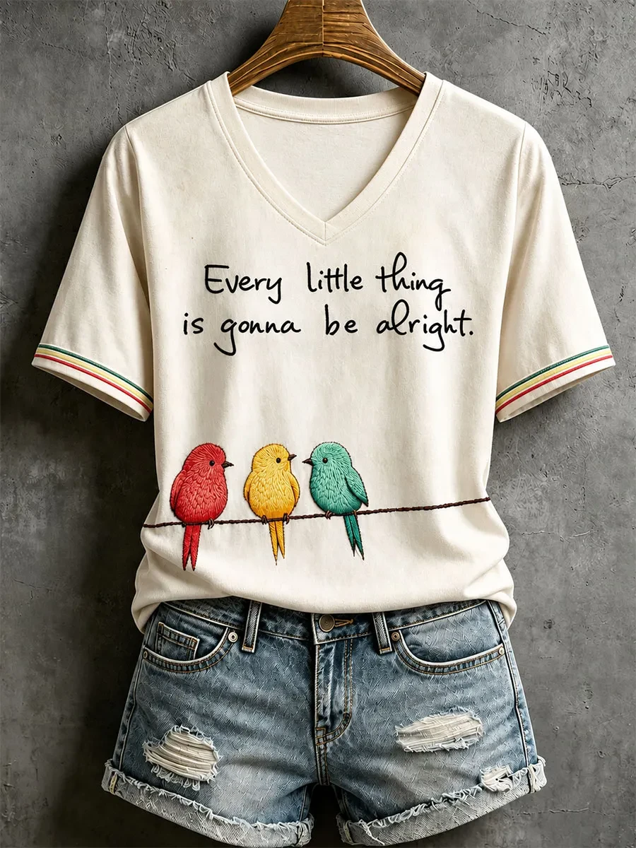 Birds Every Little Thing Is Gonna Be Alright V-Neck T-Shirt Bob Marley Inspired Apparel