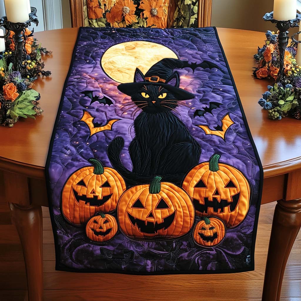 Black Cat And Pumpkins Quilted Table Runner Scary Halloween Table Black Cat Gift Items