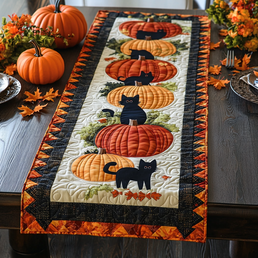 Black Cat Charm Quilted Table Runner Scary Halloween Table Decor Black Cat Mom Gifts