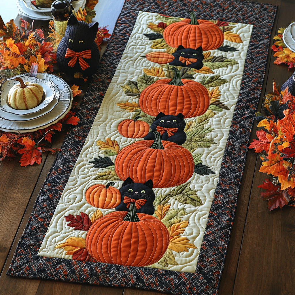 Black Cat Harvest Quilted Table Runner Spooky Dinner Table Black Cat Gifts For Her
